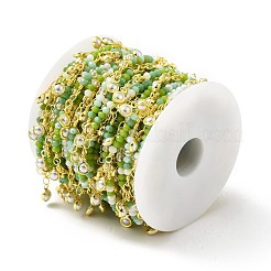 ハンドメイド ラウンド ガラス ビーズ チェーン  金メッキの真鍮チェーンとccbパールチャーム付き  長持ちメッキ  ハンダ付け  スプールで  緑黄  25x3mm&nbsp;CHC-E023-20G-01