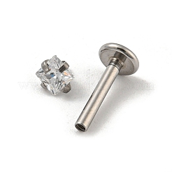 304ステンレススチール製ねじ付きフラットバックイヤリング  キュービックジルコニア軟骨イヤリング  透明  11x4mm  スクエア：3.5x3.5mm&nbsp;EJEW-NH0001-01D-02