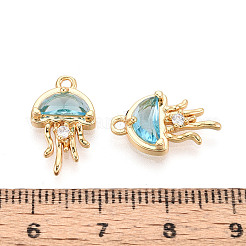 真鍮の舗装キュービックジルコニアペンダント  クラゲ  ニッケルフリー  18KGP本金メッキ  空色  17x10x3mm  穴：1.4mm&nbsp;X-KK-T074-94A-G