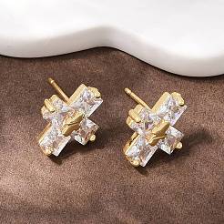 Серьги-гвоздики в форме креста с микропаве из прозрачных кубических цирконий из латуни&nbsp;EJEW-F400-22A-G