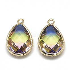ガラスチャーム  ゴールデントーン真鍮パーツ  多面カット  ティアドロップ  シャンパンイエロー  23x15x7mm  穴：1.5~2mm&nbsp;X-GLAA-Q068-12A-08