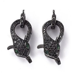 Brass Micro Pave Black & Green Cubic Zirconia Lobster Claw Clasp, Long-Lasting Plated, with Jump Rings, Snake Shape, Electrophoresis Black, 23x12.5x7mm