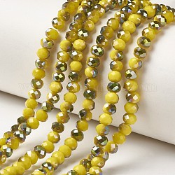 Electroplate Opaque Glass Beads Strands, Half Green Plated, Faceted, Rondelle, Yellow, 6x5mm, Hole: 1mm, about 85~88pcs/strand, 16.1~16.5 inch(41~42cm)