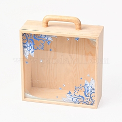 Aufbewahrungsbox aus Holz, mit Acryl-Blumenmuster transparenter Deckel und Griff, Viereck, Blau, 19.5x8.5x23 cm