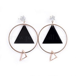 (Jewelry Parties Factory Sale)304 Stainless Steel Dangle Stud Earrings, with Rhinestone and Ear Nuts, Ring & Triangles, Gunmetal & Rose Gold, 51mm, Pin: 0.8mm
