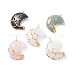 Natural & Synthetic Gemstone Pendants, with Real 18K Gold Plated Copper Wire Wrapped, Moon, 40~46x30.5~34x9~12mm, Hole: 3.5~4mm