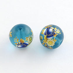 Blumenbild Milchglas runde Perlen, mit goldenen Metall umschlungen, Mitternachtsblau, 14x13 mm, Bohrung: 1.5 mm