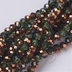 Electroplate Glass Beads Strands, Half Red Copper Plated, Faceted, Rondelle, Green, 6x4mm, Hole: 1mm, about 95pcs/strand, 15.7inch
