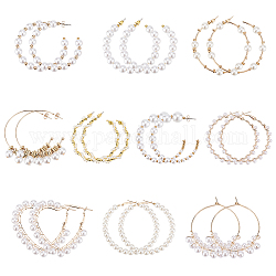ANATTASOUL 10 Pairs 10 Style Plastic & Resin Imitation Pearl Beaded Hoop Earrings Set, Alloy & 304 Stainless Steel & Iron Ring Stud Earrings for Women, White, 49~66x4~8mm, Pin: 0.7~1mm, 1 Pair/style