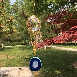 Décorations suspendues rondes en verre k9, attrape-soleil suspendus, avec morceau d'agate naturelle, pour les décorations de jardin, bleu, pendentif: 300 mm