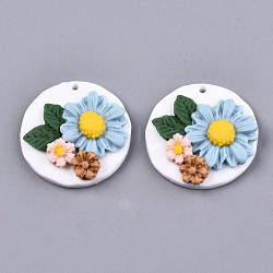Handmade Polymer Clay Pendants, Flat Round with Flower, Colorful, 29.5~30.5x8~9mm, Hole: 1.8~2mm