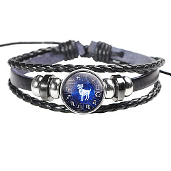 12 bracelet en cuir de constellation, avec perles d'alliage et cordon de cire, plat rond, Aries, 2-3/8 pouce (6 cm)