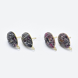 Natural Tourmaline Stud Earring Findings, with Loop, Polymer Clay Rhinestone and Golden Tone Brass Findings, Teardrop, Mixed Color, 18mm, Hole: 2mm