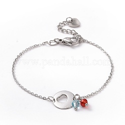 304 bracelet à maillons coeur en acier inoxydable avec breloques en perles de verre pour femme, couleur inoxydable, 6-3/4 pouce (17 cm)