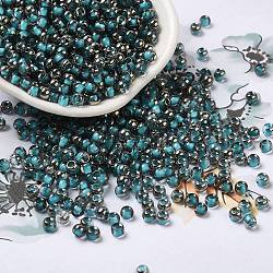 Perles de rocaille en verre de couleurs intérieures transparentes, demi-plaqué, trou rond, ronde, bleu ciel, 4x3mm, Trou: 1.2mm, 7650 pcs / livre