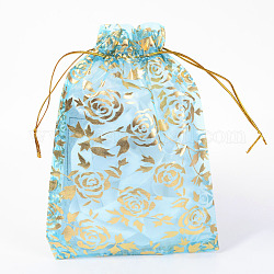 ローズプリントオーガンジーバッグ巾着袋  ギフトバッグ  長方形  ライトスカイブルー  18x13cm