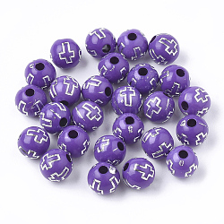 Perles acryliques plaquées, métal argenté enlaça, ronde avec la croix, support violet, 8mm, Trou: 2mm, environ 1800 pcs/500 g