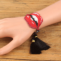 Bracelet tressé en perles de rocaille miyuki avec double pompon, bracelet d'amitié à lèvres sexy pour femme, rouge, 11 pouce (28 cm)