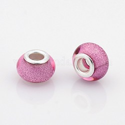 Large Hole Rondelle Resin European Beads, with Silver Tone Brass Cores, Pearl Pink, 14x9mm, Hole: 5mm