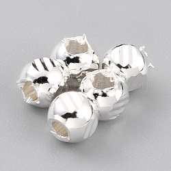 Perles séparateurs en laiton, Plaqué longue durée, ronde à facettes, 925 argent sterling plaqué, 3.5~4x3mm, Trou: 1.6mm