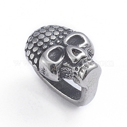 Retro 304 Edelstahl Slide Charms / Slider Perlen, für die Herstellung von Lederbändern, Schädel, Antik Silber Farbe, 11.5x8x9.5 mm, Bohrung: 4x8 mm
