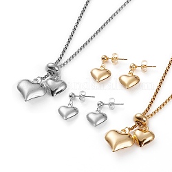 304 Stainless Steel Jewelry Sets, Box Chains Pendant Necklaces and Stud Earrings, with Lobster Clasp, Heart, Mixed Color, 24 inch(60.8cm), 19.5mm, Pin: 0.7mm