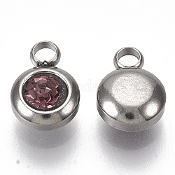 Charms di strass, charms di birthstone di giugno, con 201 in acciaio inox, rotondo e piatto, colore acciaio inossidabile, ametista chairo, 9x6.5x4mm, Foro: 1.8 mm