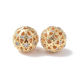 Brass Micro Pave Cubic Zirconia Beads, Hollow Round, Real 18K Gold Plated, 8mm, Hole: 1mm