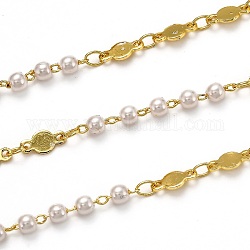 3.28 pie de cadenas de eslabones de latón hechos a mano, con perla de imitación de acrílico, Plateado de larga duración, soldada, dorado, Enlaces: 8x4x0.6 mm, perla de acrílico: 3.9x3.2 mm