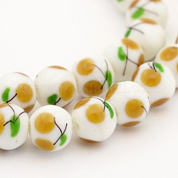Cherry Pattern Handmade Lampwork Round Bead Strands, Goldenrod, 10mm, Hole: 1.5mm, about 35pcs/strand, 12.7inch