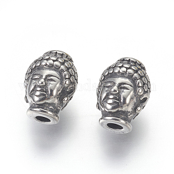 304 perline in acciaio inossidabile, la testa del buddha, argento antico, 10x13x9mm, Foro: 3 mm