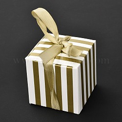 Boîte-cadeau carrée pliable en papier créatif, motif à rayures avec ruban, coffret cadeau décoratif pour les mariages, kaki foncé, 55x55x55mm