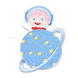 Computerized Embroidery Cloth Self Adhesive Patches, Stick On Patch, Costume Accessories, Appliques, Planet and Girl, Light Sky Blue, 65x50x1.5mm