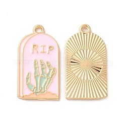 Light Gold Plated Alloy Enamel Pendants, Cadmium Free & Nickel Free & Lead Free, Tombstone with Skeleton Hand Charm, Pink, 27x14x1.3mm, Hole: 1.8mm