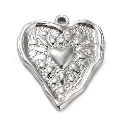 304 Stainless Steel Pendants, Textured, Heart Charm, Stainless Steel Color, 25.5x21x3mm, Hole: 1.6mm