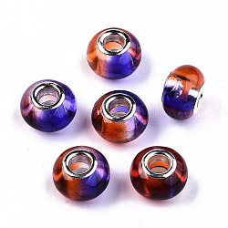 Perle europee in resina bicolore trasparente, perline con foro grande, con doppio nucleo in ottone tono argento, rondelle, malva, 14x9.5mm, Foro: 5 mm