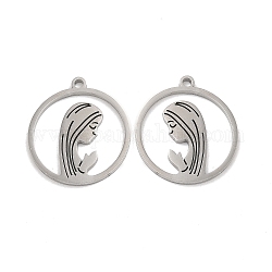 304 Stainless Steel Pendants, Flat Round with Girl Charm, Stainless Steel Color, 20x18x1mm, Hole: 1.5mm