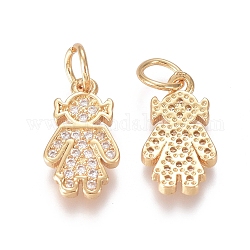 Brass Micro Pave Clear Cubic Zirconia Charms, with Jump Rings, Girl, Golden, 14x8x1.5mm, Jump Ring: 5x0.7mm, Inner Diameter: 3.6mm