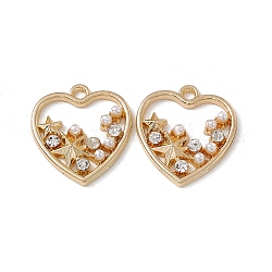Alloy Crystal Rhinestone Pendants, with ABS Plastic Imitation Pearl Beads, Heart with Star Charm, Golden, 21.5x18x3mm, Hole: 2mm
