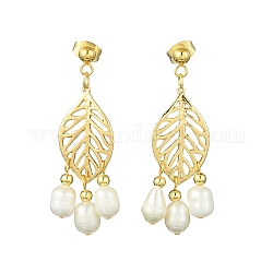 Boucles d'oreilles lustre en perles naturelles, boucles d'oreilles longues en forme de feuille en alliage, or, 42.5x16mm