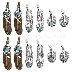 Sunnyclue 12 pièce 3 styles de breloques turquoise en forme de plume, breloque en alliage de style tibétain, plumes porte-bonheur, énergie de guérison, pierres précieuses, breloque pour la fabrication de bijoux, collier, boucles d'oreilles, bracelet, artisanat pour adultes