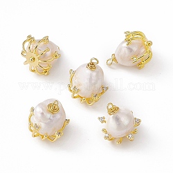 Rack Plating Brass Pendants, Flower Charms, with Natural Pearl, Long-Lasting Plated, Cadmium Free & Nickel Free & Lead Free, Real 18K Gold Plated, 19x14x15.5mm, Hole: 1.8mm