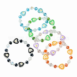 Coeur avec bracelet extensible en perles de verre fleur, couleur mixte, diamètre intérieur: 1-3/4 pouce (4.4 cm)