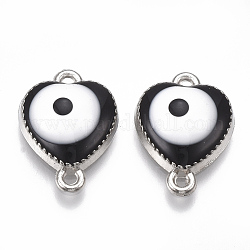 Alloy Links connectors, with Enamel, Heart with Evil Eye, Platinum, Black, 17x12.5x4mm, Hole: 1mm