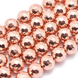 Electroplate Non-magnetic Synthetic Hematite Beads Strands, Grade AAA, Long-Lasting Plated, Faceted, Round, Rose Gold Plated, 6mm, Hole: 1mm, about 63pcs/strand, 15.5 inch(39cm)