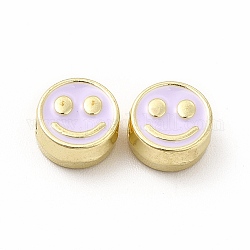 Emaille-Perlen aus Zahnstangenbeschichtung, Cadmiumfrei und Nickel frei und Bleifrei, flache Runde mit lächelndem Gesicht, Licht Gold, Flieder, 7.5x4 mm, Bohrung: 2 mm