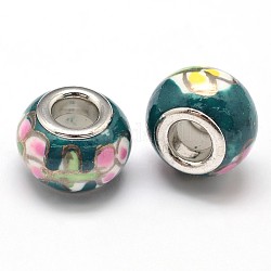 Handgemachten Fimo-Unterlegscheibe European Beads, Großloch perlen, mit Platin Farbe Messing Doppelkerne, blaugrün, 13x9 mm, Bohrung: 5 mm