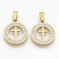 201 Stainless Steel Pendants, with Random Size Snap On Bails and Polymer Clay Crystal Rhinestones, Flat Round with Cross, Golden, 23x20x3mm, Hole: 8~10x3~5mm