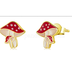 Серьги-гвоздики со свежими грибами из красной эмали, 925 ювелирные изделия из стерлингового серебра для женщин, золотые, 9x9 мм, штифты : 0.9 мм