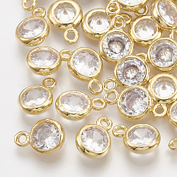 Brass Cubic Zirconia Charms, Flat Round, Clear, Real 18K Gold Plated, 8.5x6x2.5mm, Hole: 1.2mm